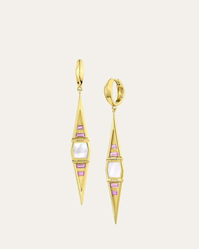18K Gold Pink Sapphire and Mother-of-Pearl Hinged Swing Earrings