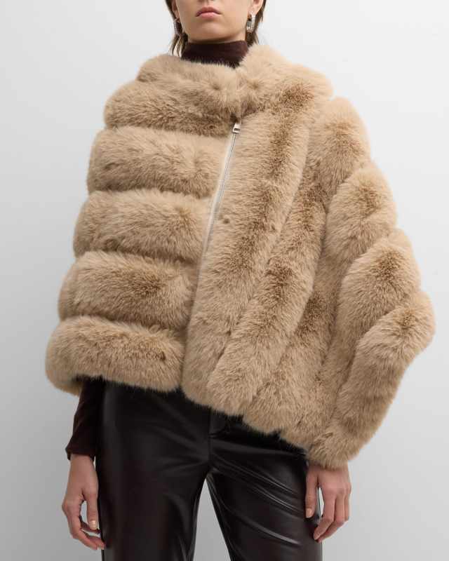 Asymmetric Striped Faux Fur Poncho