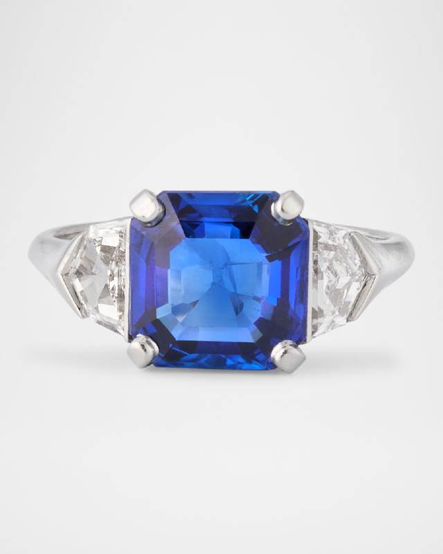 Estate Platinum Square Burma Sapphire and Diamond Deco Ring, Size 5.5