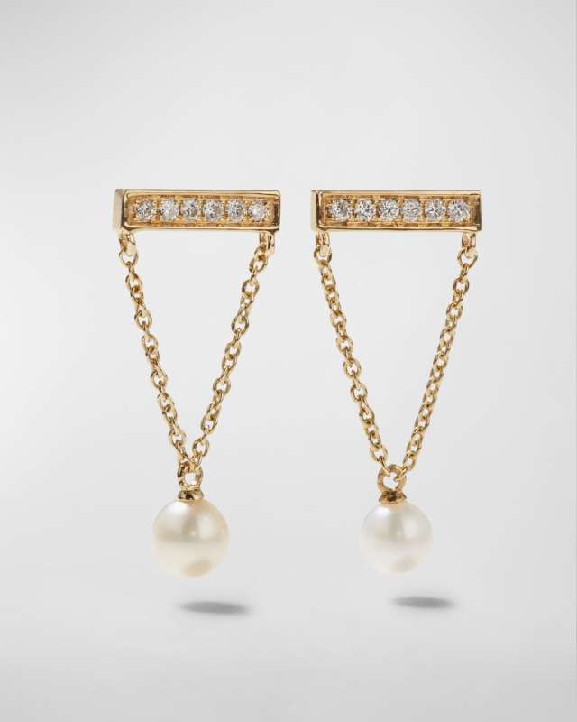 14k Diamond Bar & Pearl Earrings