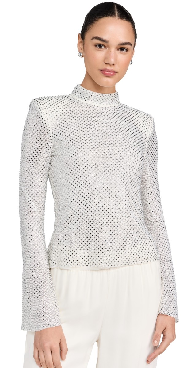 Self Portrait Silver Rhinestone Fishnet Top Silver