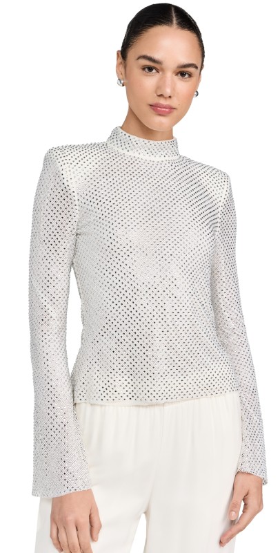 Self Portrait Silver Rhinestone Fishnet Top Silver