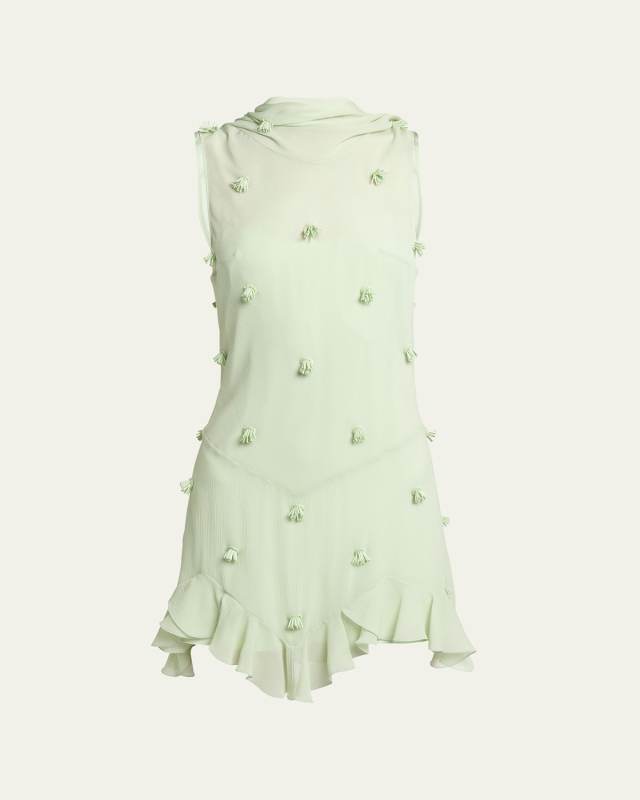Beaded Scarf-Neck Ruffle Mini Dress