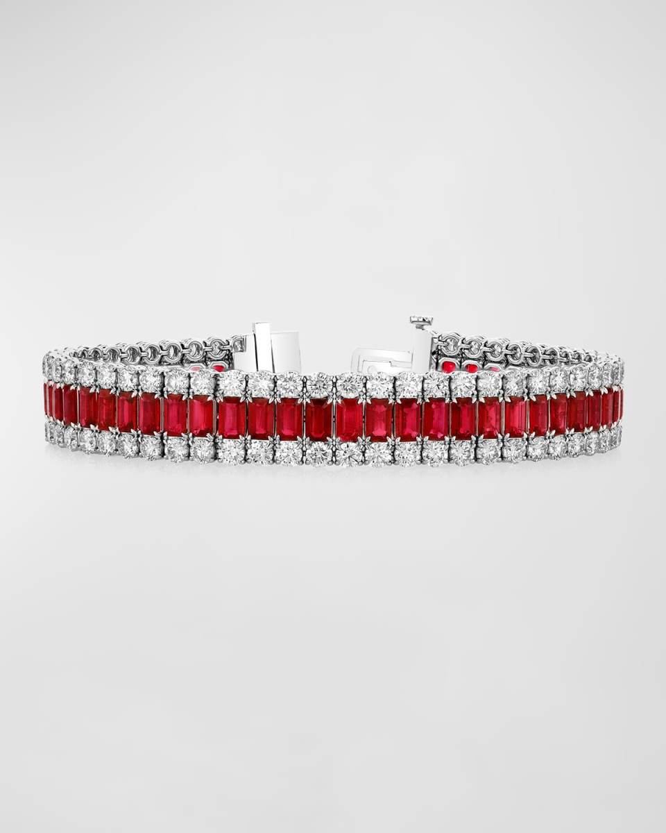 18K Gold Ruby and Diamond 3 Row Bracelet, 7"
