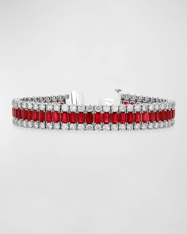 18K Gold Ruby and Diamond 3 Row Bracelet, 7"
