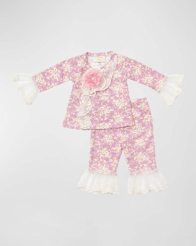 Girl's Lavender Garden Floral-Print Two-Piece Set, Size Newborn-24