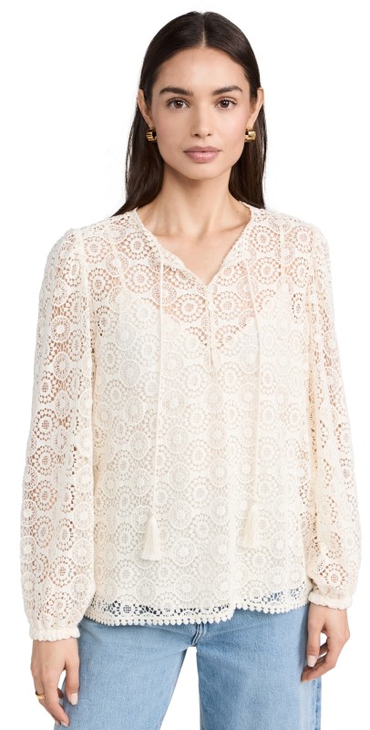 FRAME Lace Tassel Popover Shirt Cream