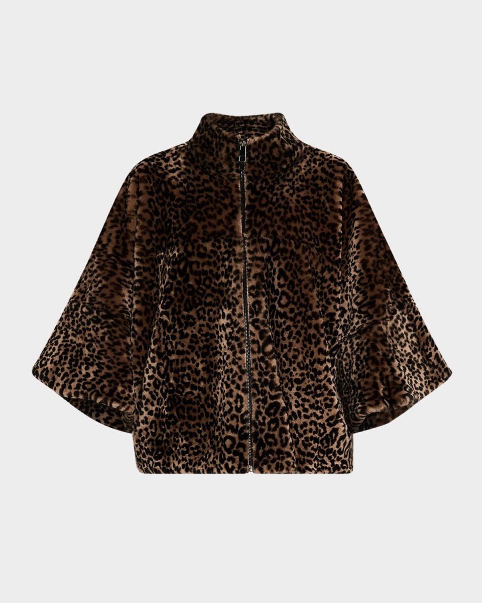 Leopard-Print Shearling Lamb Zip Jacket With Cropped Sleeves