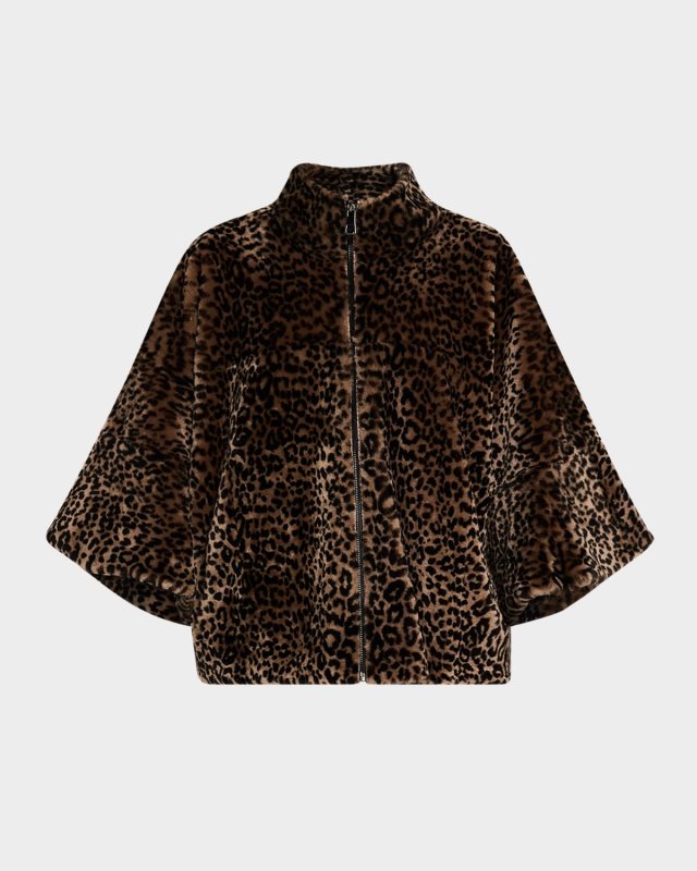 Leopard-Print Shearling Lamb Zip Jacket With Cropped Sleeves