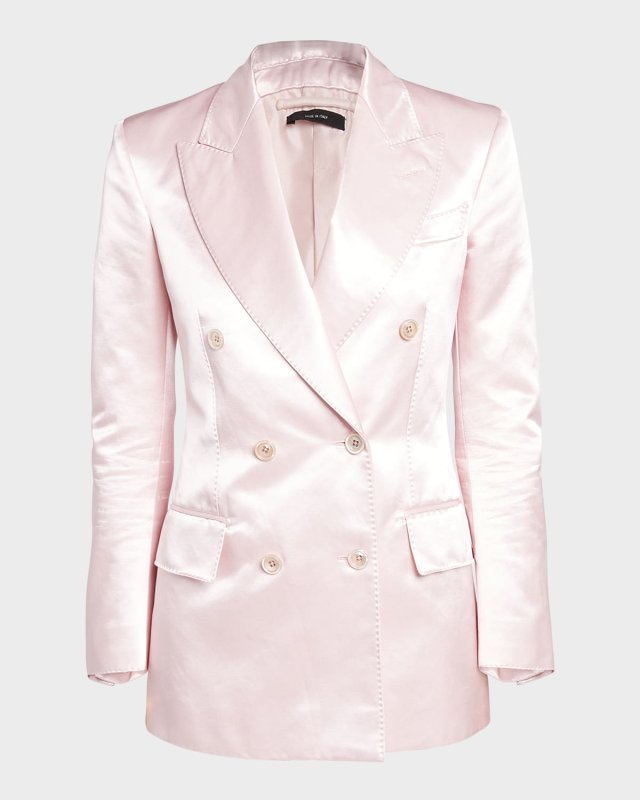 Pin-Stitch Duchesse Satin Double-Breasted Blazer Jacket