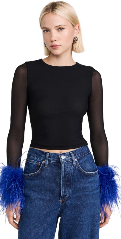 alice + olivia Delaina Mesh Feather Cuff Top Black/Royal