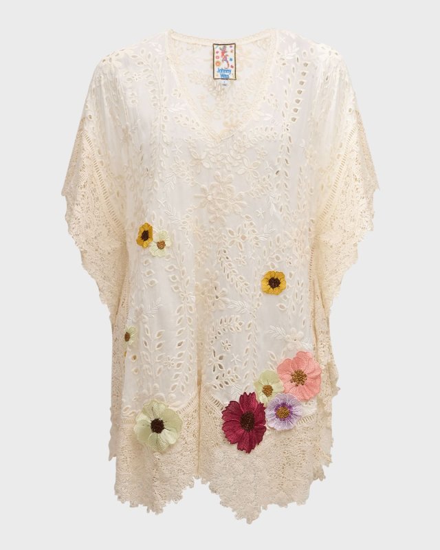 Ferney Eyelet Floral-Embroidered Poncho