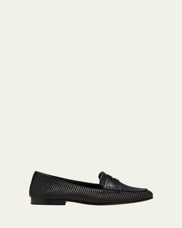 Raffia Leather Slip-On Penny Loafers
