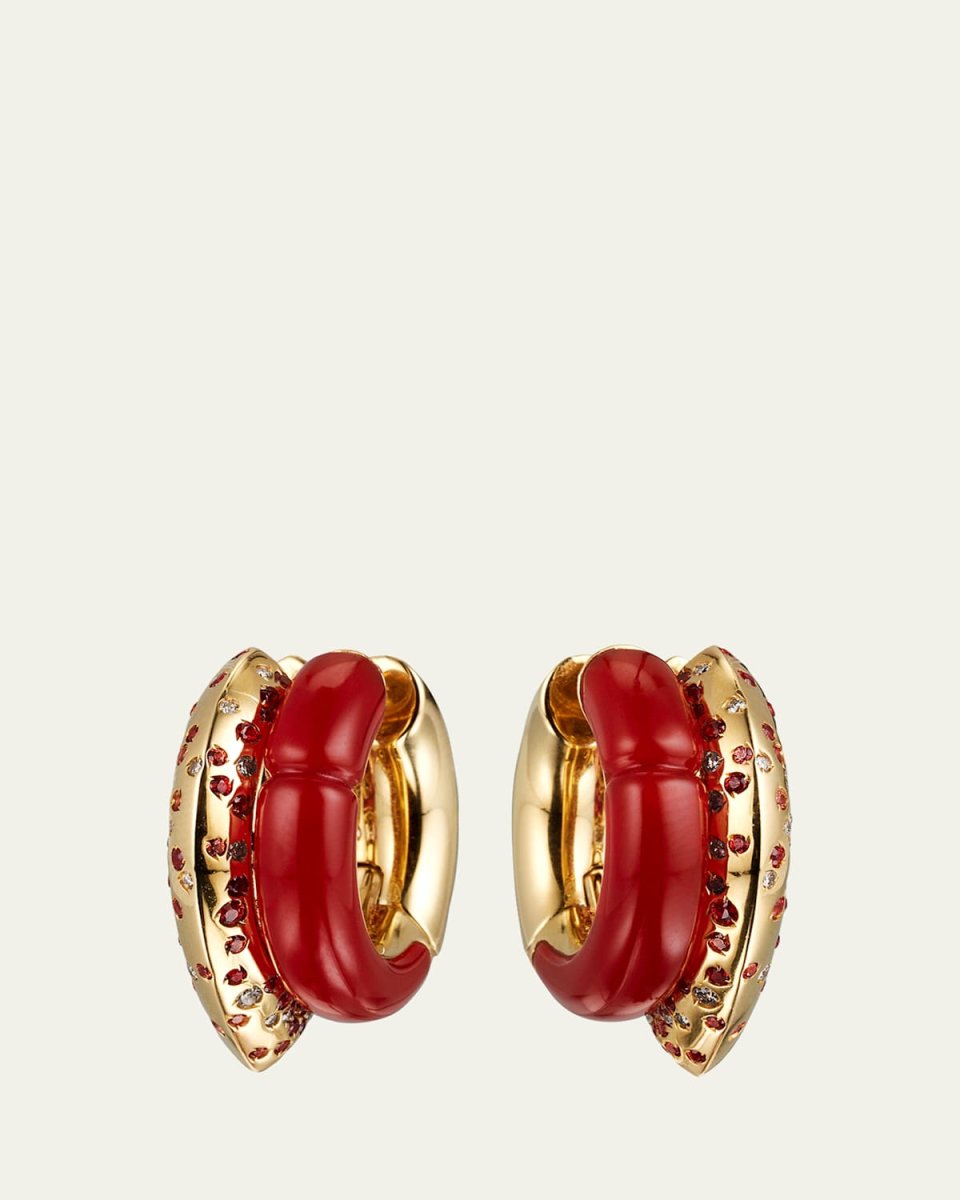 Oera Fairmined 18K Yellow Gold Carnelian, Sapphire and Brown Diamond Double Hoop Earrings