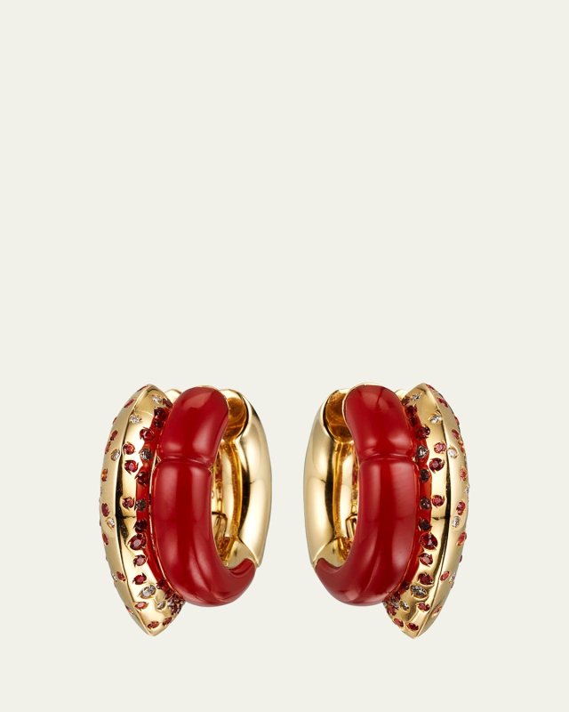 Oera Fairmined 18K Yellow Gold Carnelian, Sapphire and Brown Diamond Double Hoop Earrings