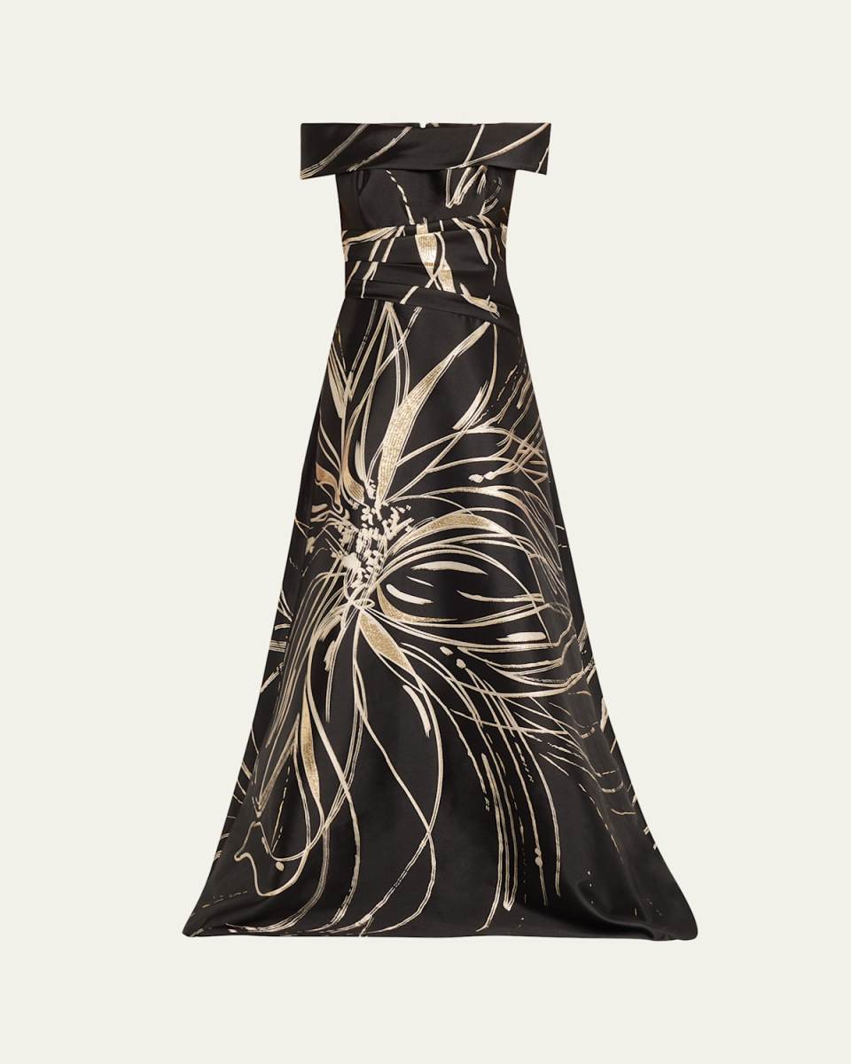 Off-Shoulder Floral Jacquard Gown