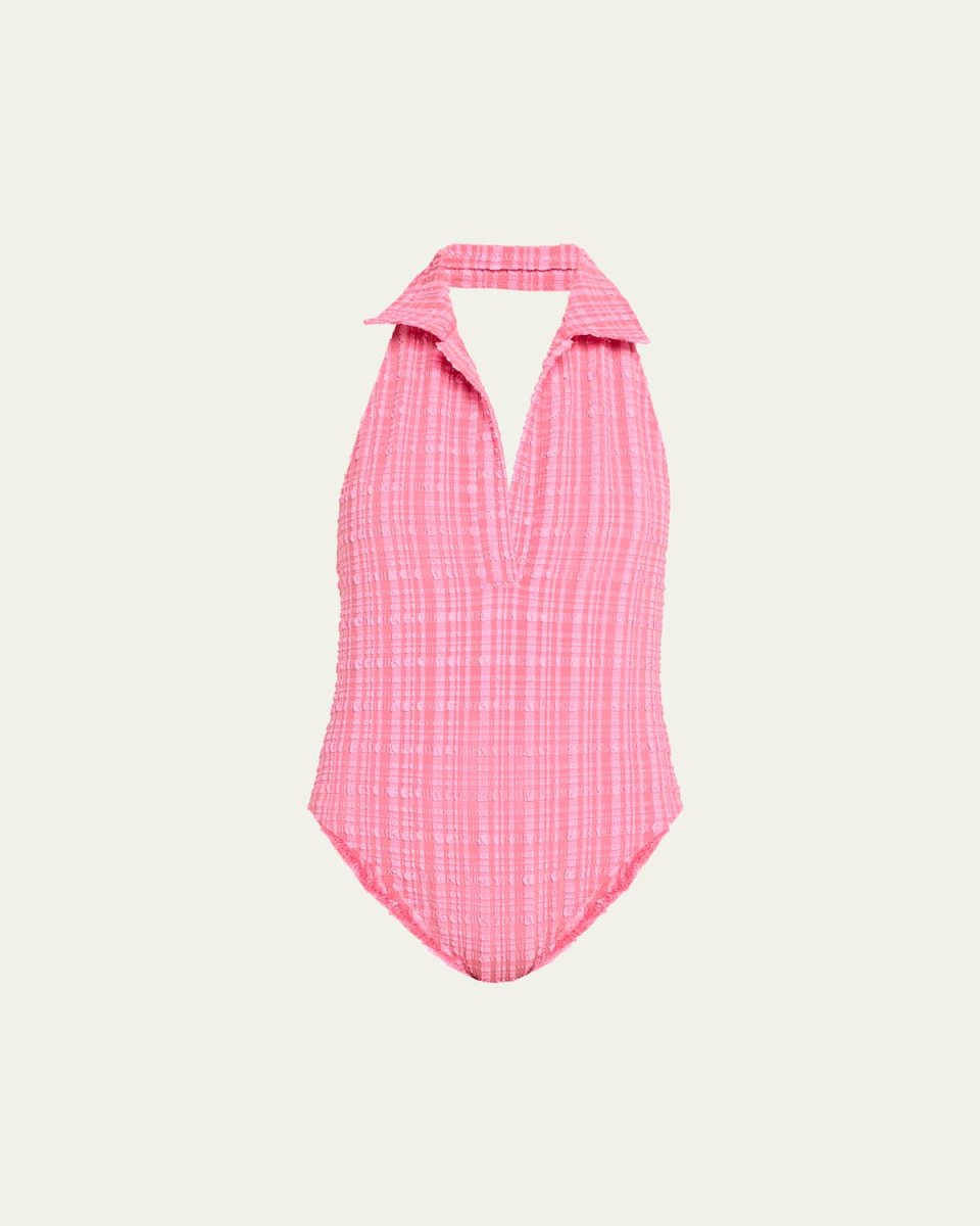 Striped Seersucker Polo One-Piece Swimsuit