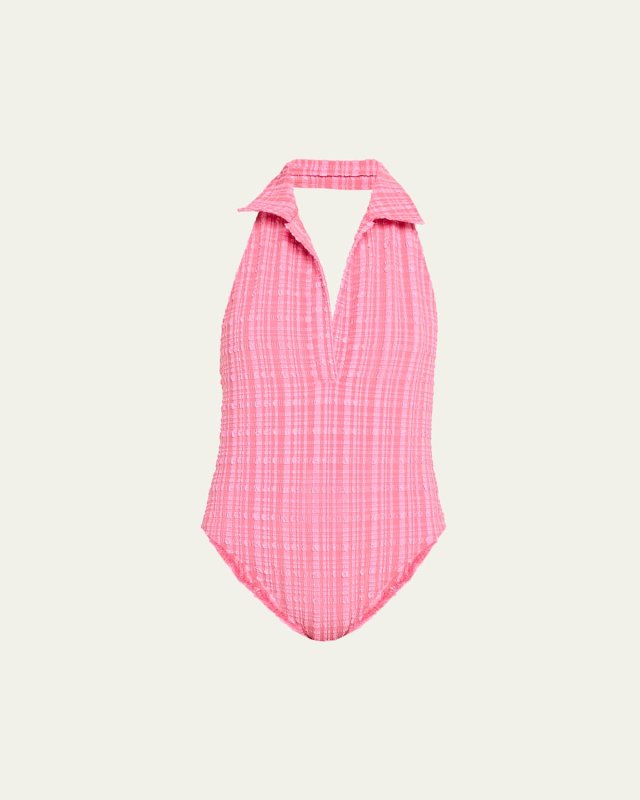 Striped Seersucker Polo One-Piece Swimsuit