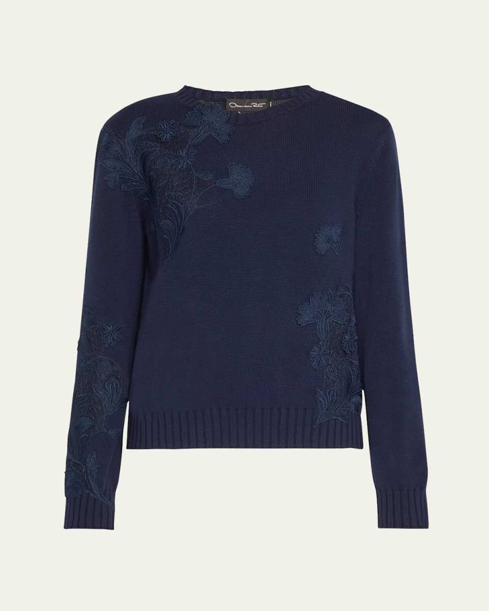 Floral Guipure Inset Crewneck Sweater