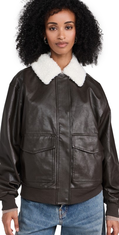 WAYF Bomber Jacket with Removable Shearling Collar Espresso