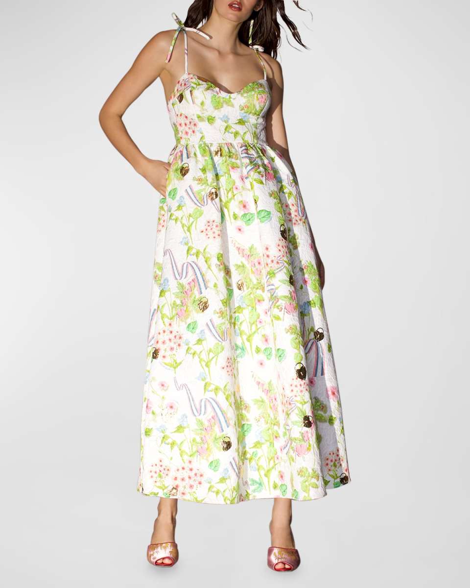 Floral-Print Jacquard Sweetheart Maxi Dress