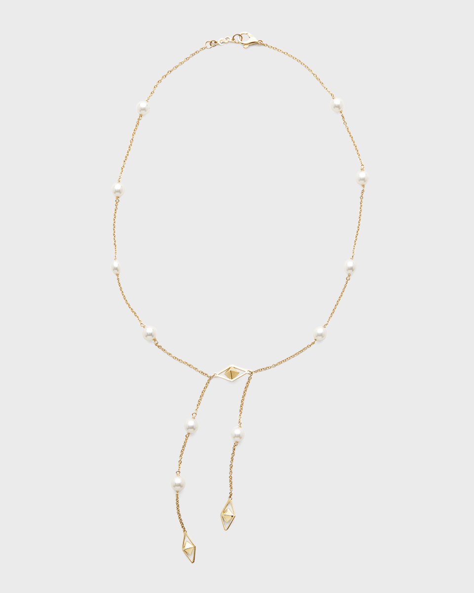 18K Yellow Gold 7-8mm Akoya Pearl and Cubes Drop Necklace, 17"L