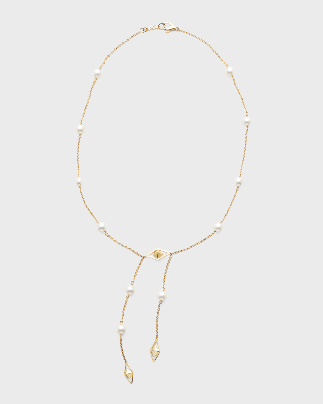 18K Yellow Gold 7-8mm Akoya Pearl and Cubes Drop Necklace, 17"L