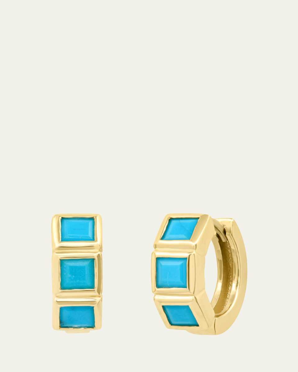 14K Yellow Gold Turquoise Princess Huggie Earrings