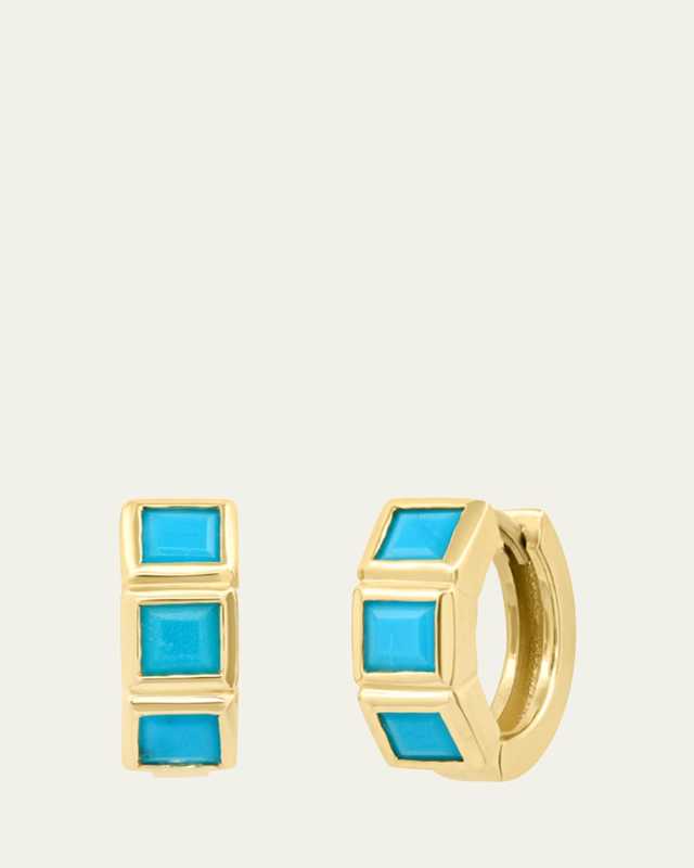 14K Yellow Gold Turquoise Princess Huggie Earrings