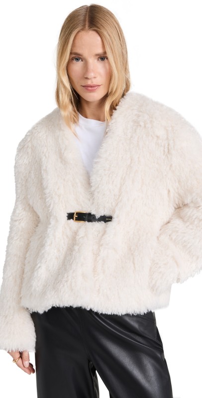 RECTO Faux Shearling Belted Strap Detail Coat Ivory