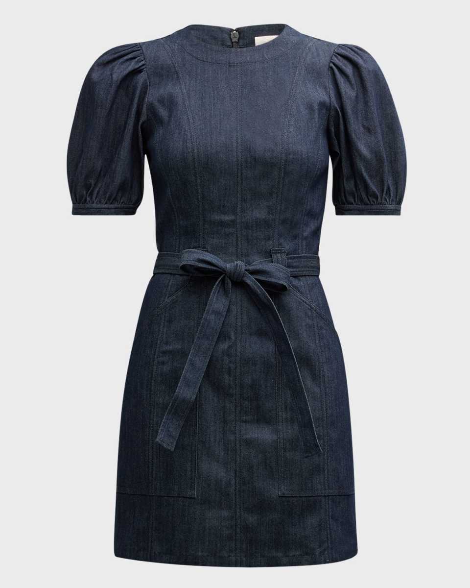 Palo Belted Puff-Sleeve Denim Mini Dress