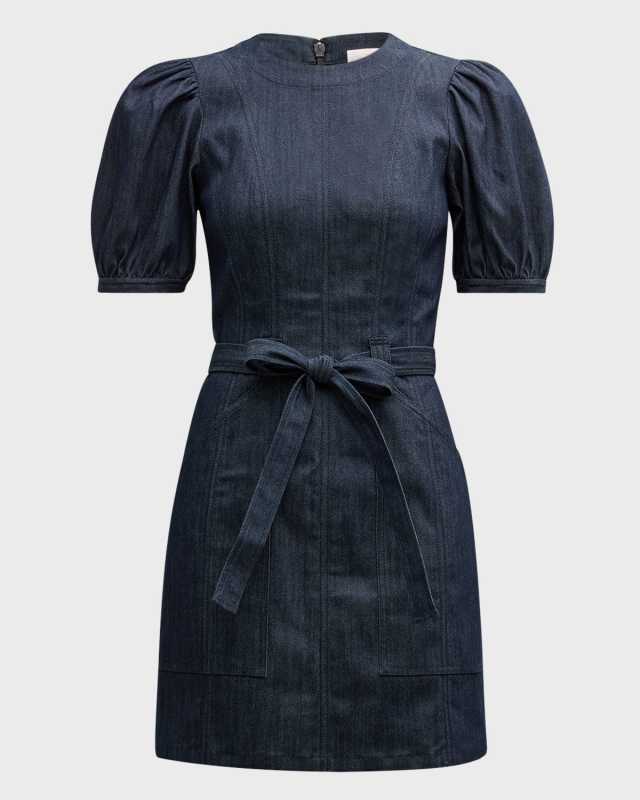 Palo Belted Puff-Sleeve Denim Mini Dress