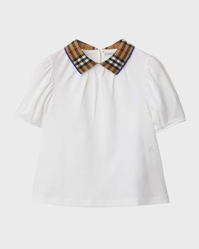 Girl's Alesea Check Rib-Knit Collar Short-Sleeve Top, Size 3-14