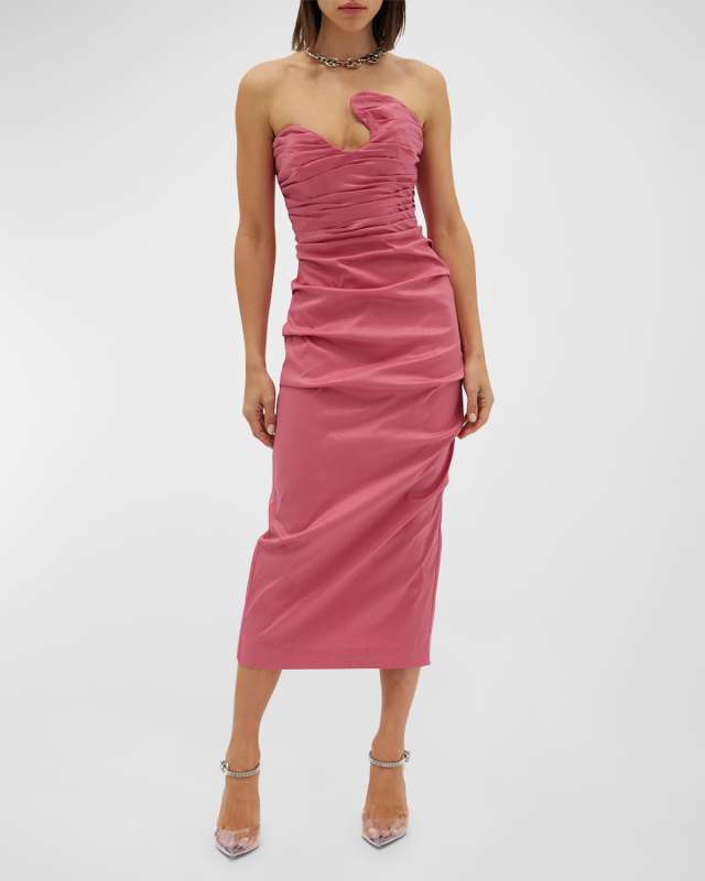 Cheri Sculpture Strapless Draped Midi Dress