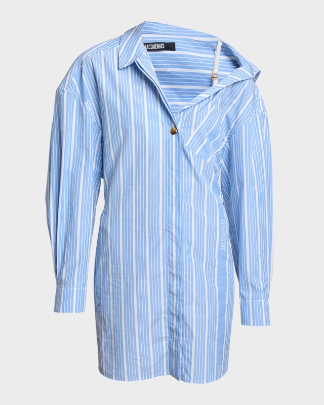 Logo Striped Off-The-Shoulder Mini Shirtdress
