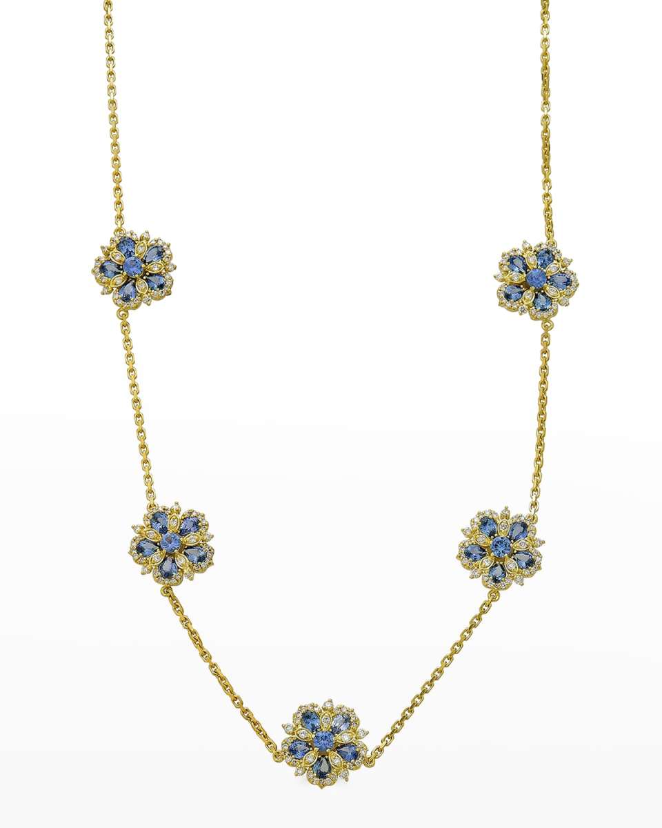 Yellow Gold Jasmine Bloom Ceylon Sapphire and White Diamond Necklace
