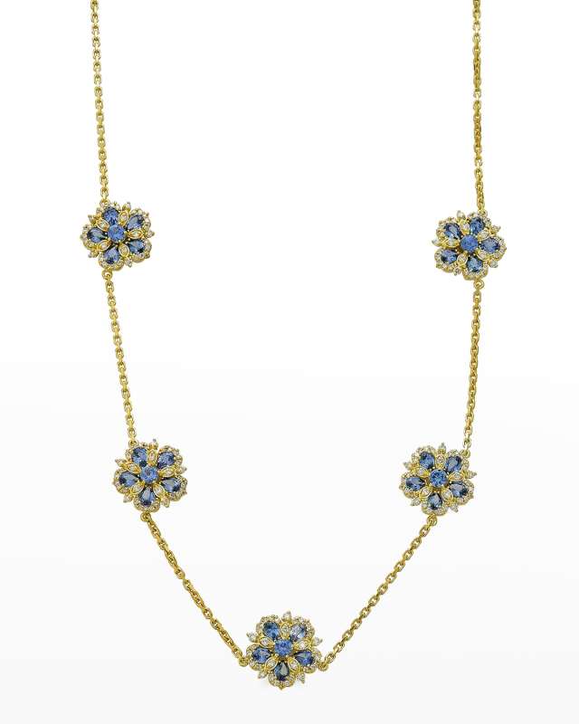 Yellow Gold Jasmine Bloom Ceylon Sapphire and White Diamond Necklace