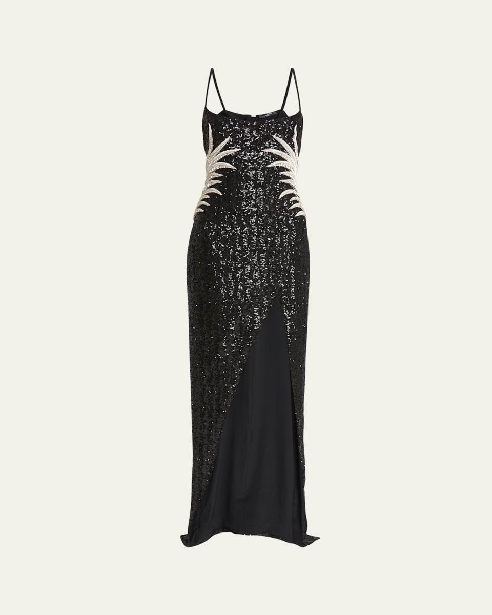 Sequin Embroidered Palm Tree Gown with Slit