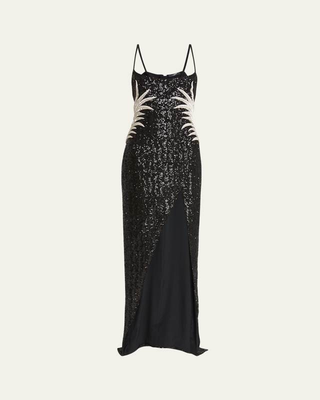 Sequin Embroidered Palm Tree Gown with Slit