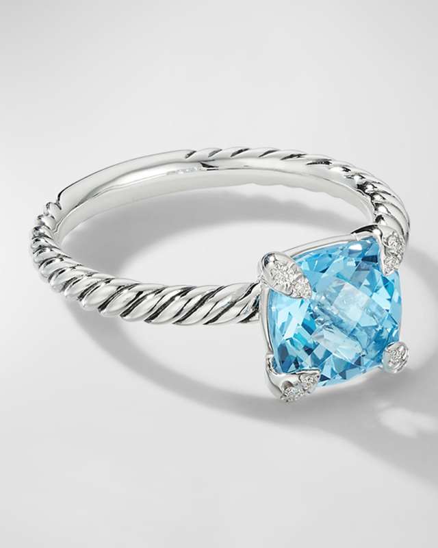 Chatelaine Ring with Blue Topaz and Diamonds in Silver, 8mm