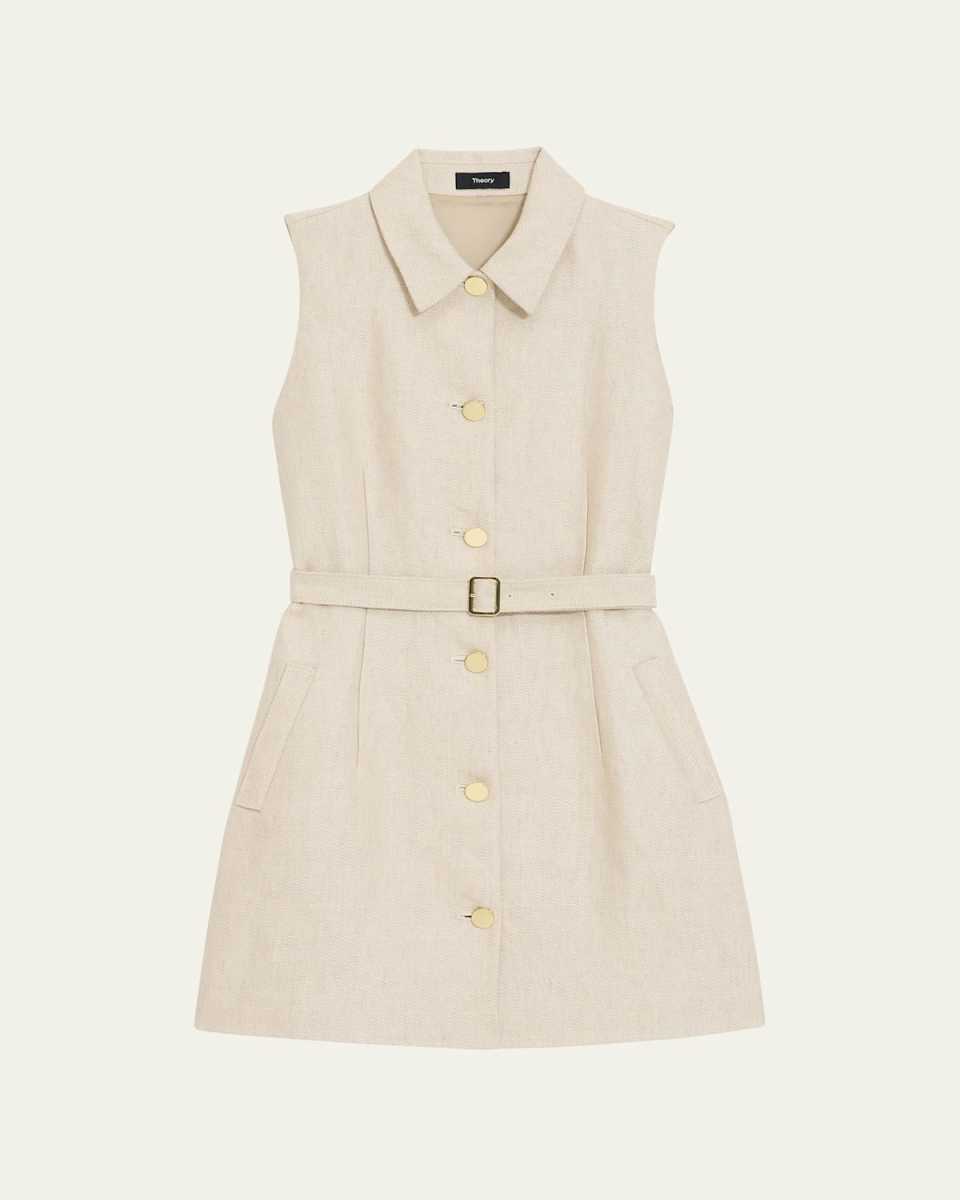 Sleeveless Belted Linen Military Mini Dress