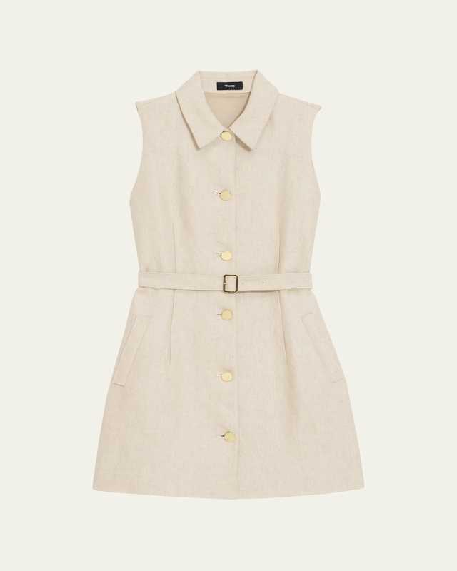 Sleeveless Belted Linen Military Mini Dress