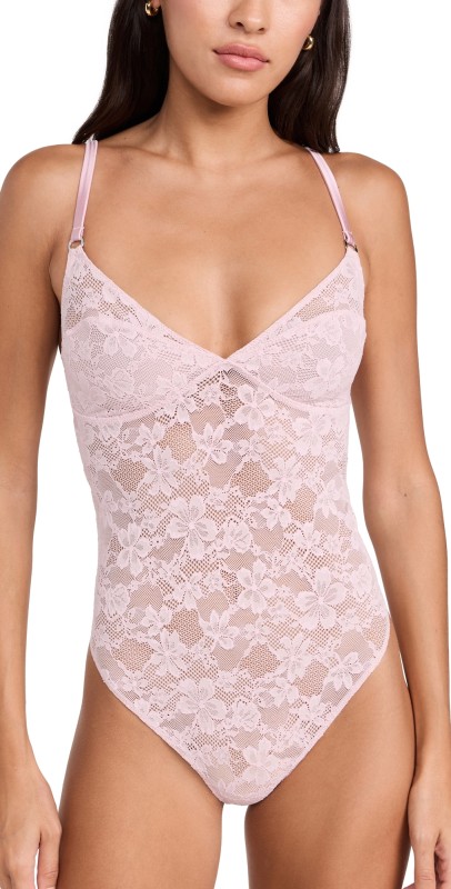 Fleur du Mal Le Stretch Lace Wireless Thong Bodysuit Ballet Pink