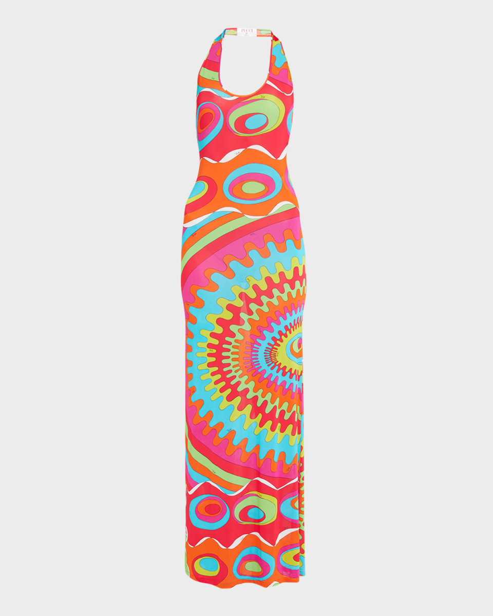 Halter Abstract-Print Backless Maxi Dress