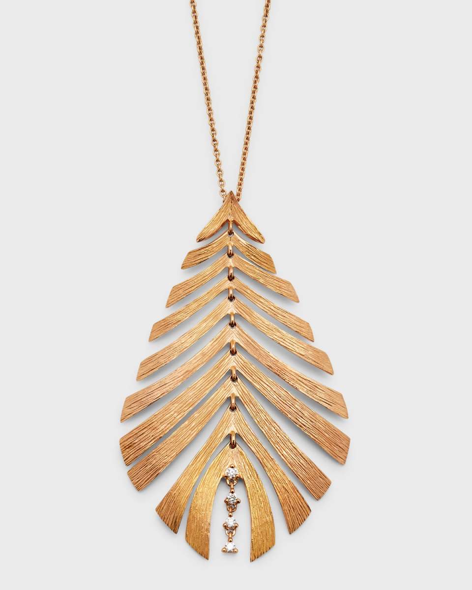 18K Rose Gold Leaf Pendant Necklace with Diamonds