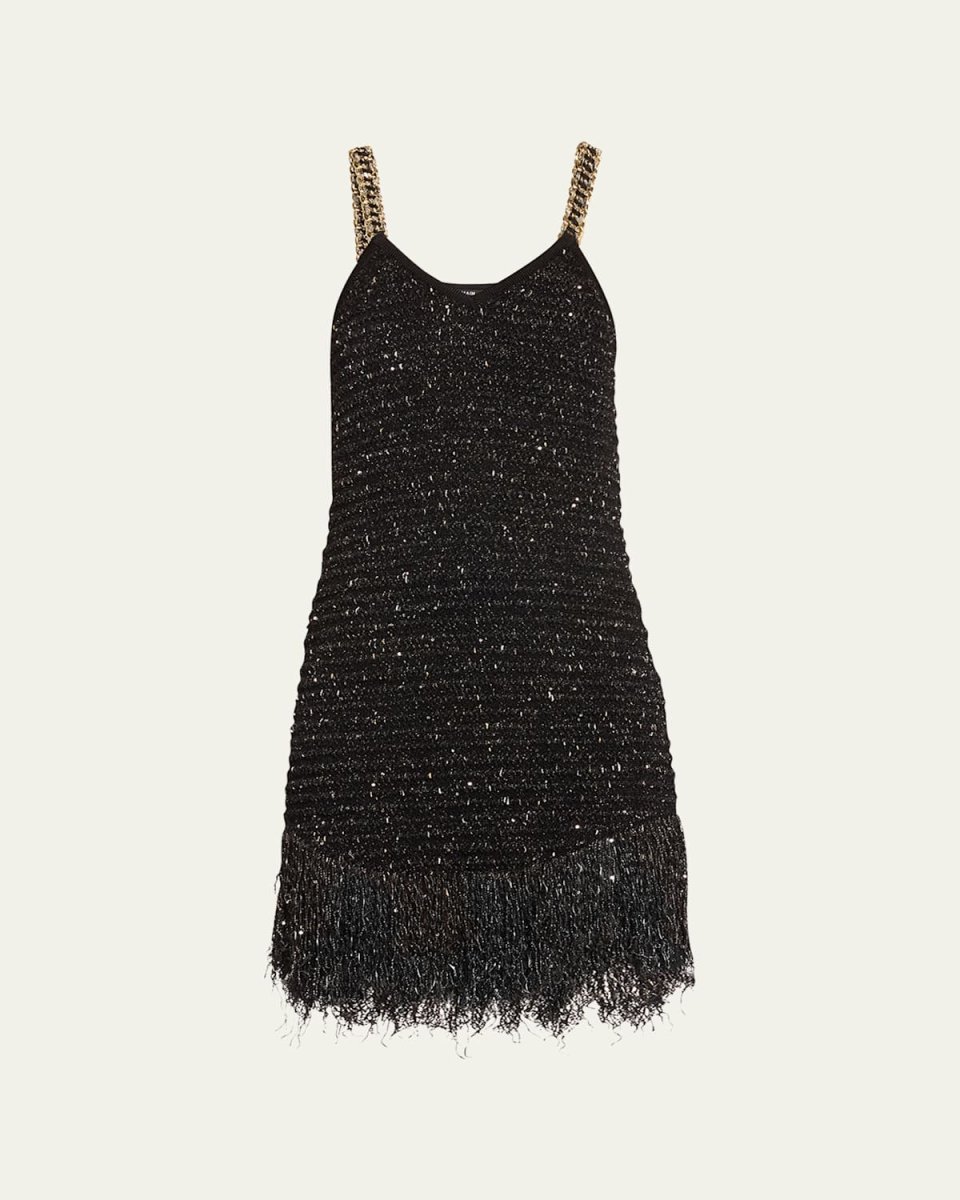 Fringed Hem Tweed Mini Dress with Chain Straps