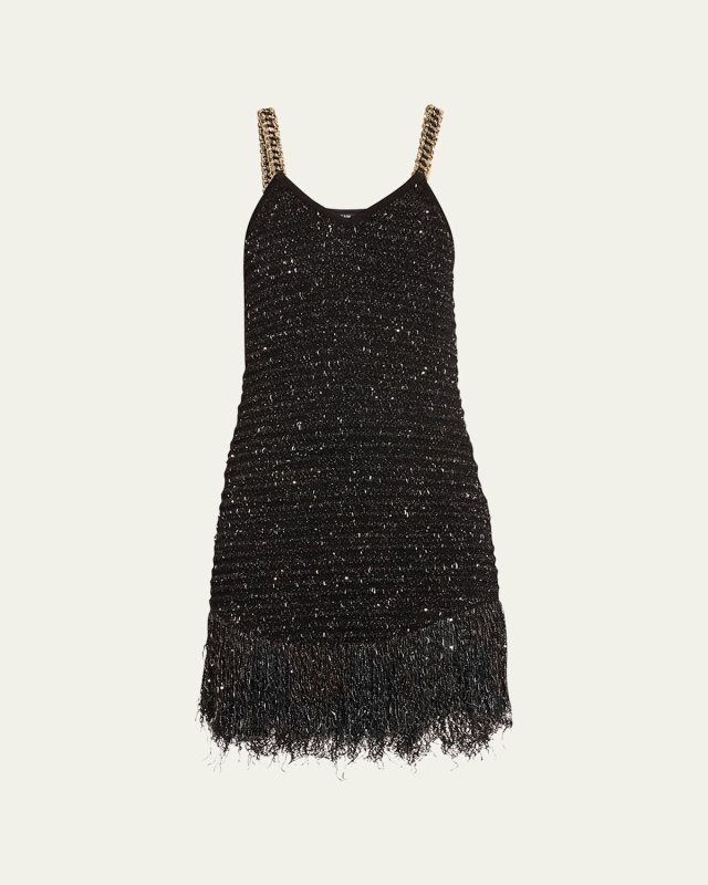 Fringed Hem Tweed Mini Dress with Chain Straps