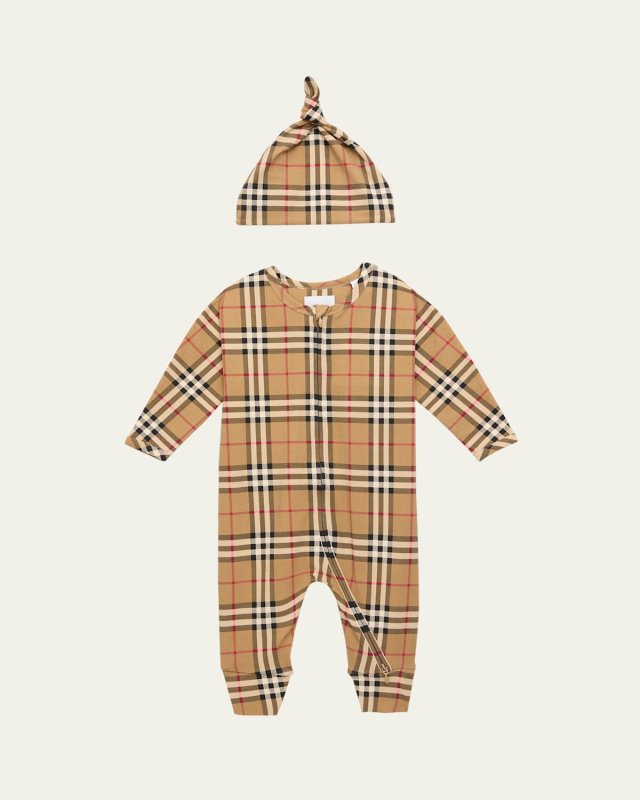 Kid's Claude Check-Print Coverall & Hat Set, Size Newborn-