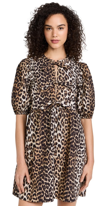 GANNI Cotton Poplin Tie String Mini Dress Leopard