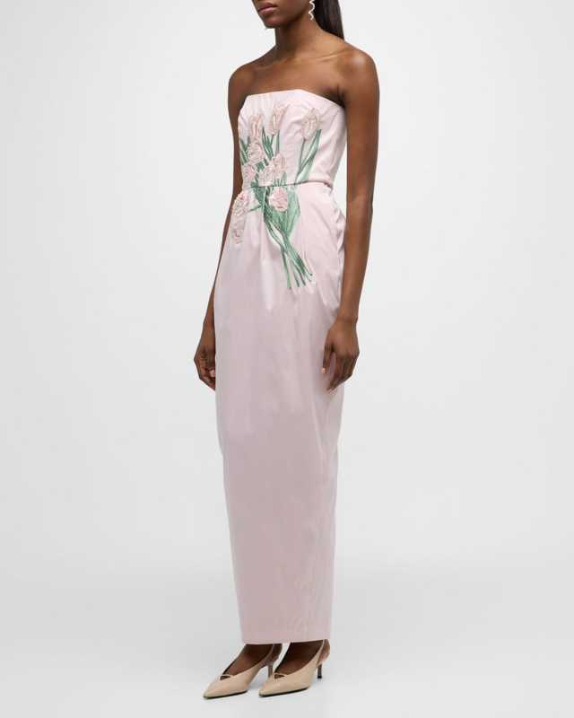 Lena Sequin Bouquet Embroidered Strapless Maxi Dress